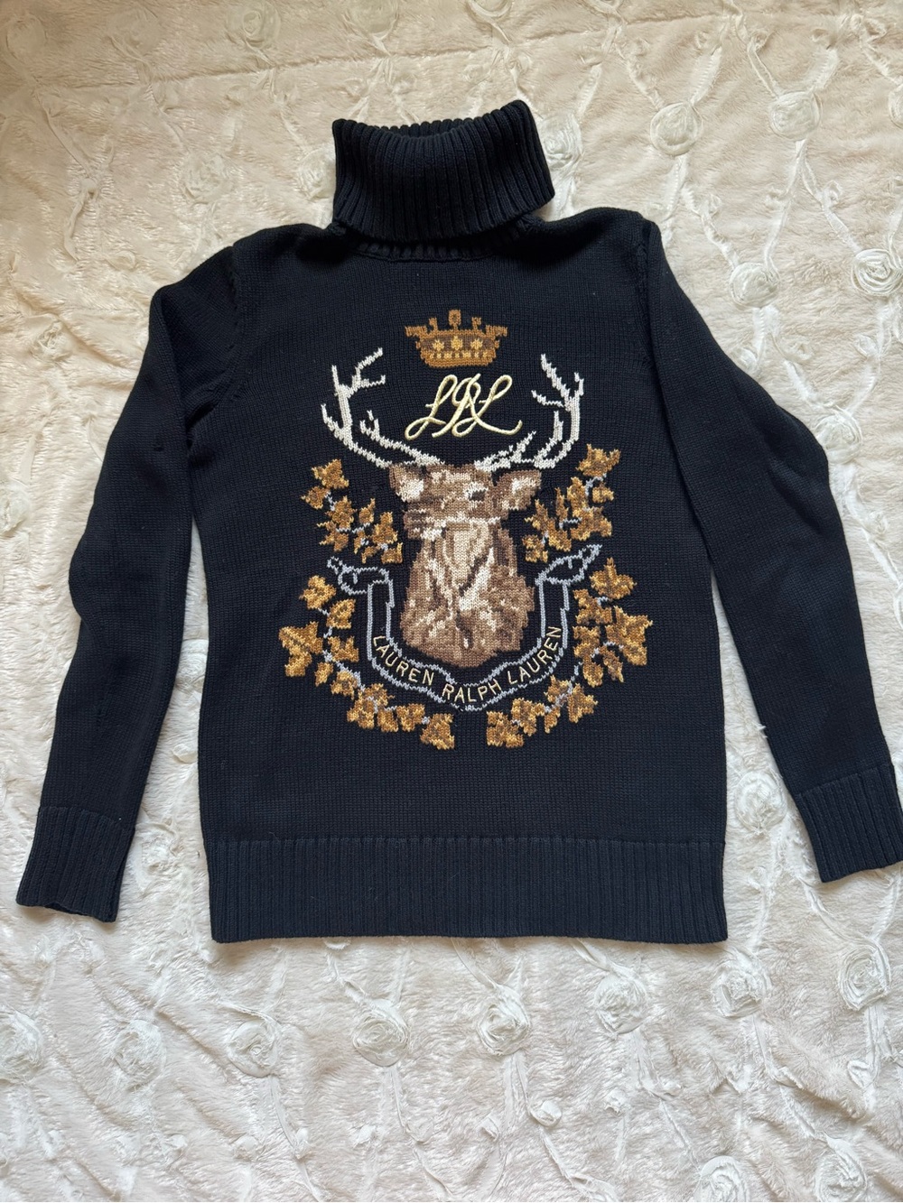 Lauren Ralph Lauren Black Turtleneck Sweater with Deer Crest